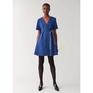 COS Belted Scuba Tie Wrap Short Sleeve V-Neck Mini Dress Blue Size 8